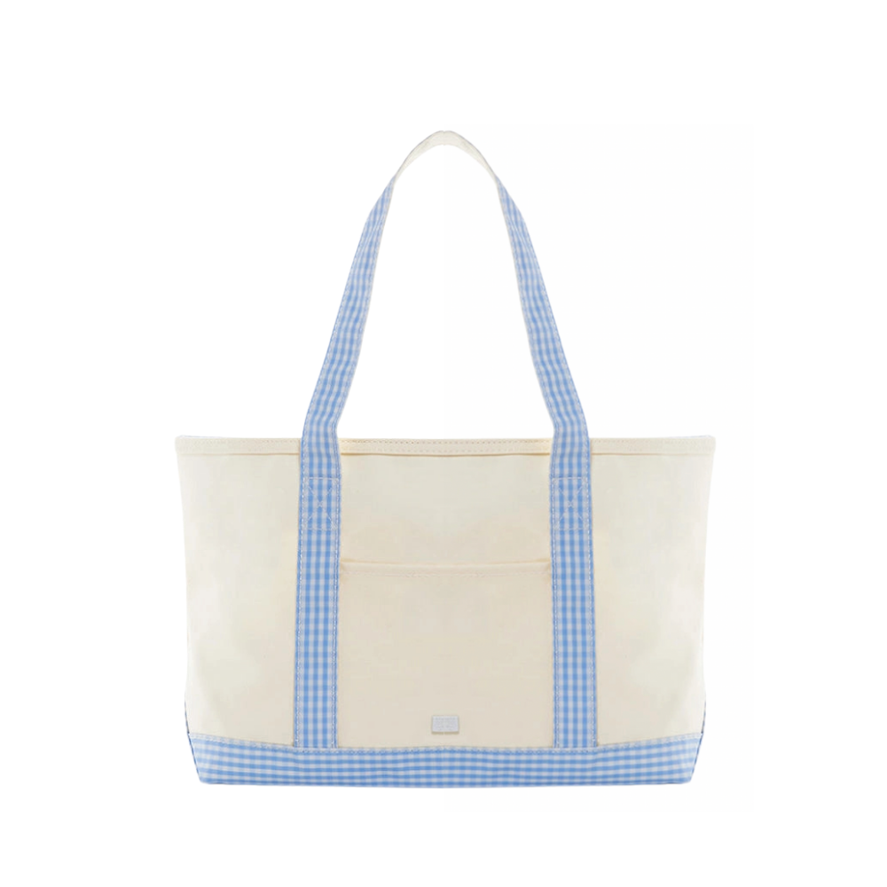 Coated Canvas Medium Tote- Natural with Carolina Blue Gingham Trim