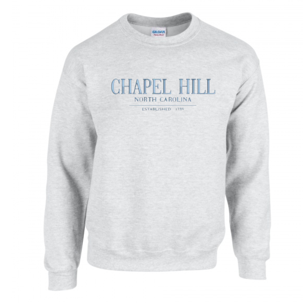 Chapel Hill North Carolina Embroidered Chill Grey Crewneck Sweatshirt