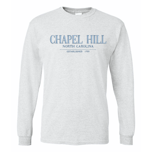 Chapel Hill North Carolina Embroidered Grey Long Sleeve T-Shirt
