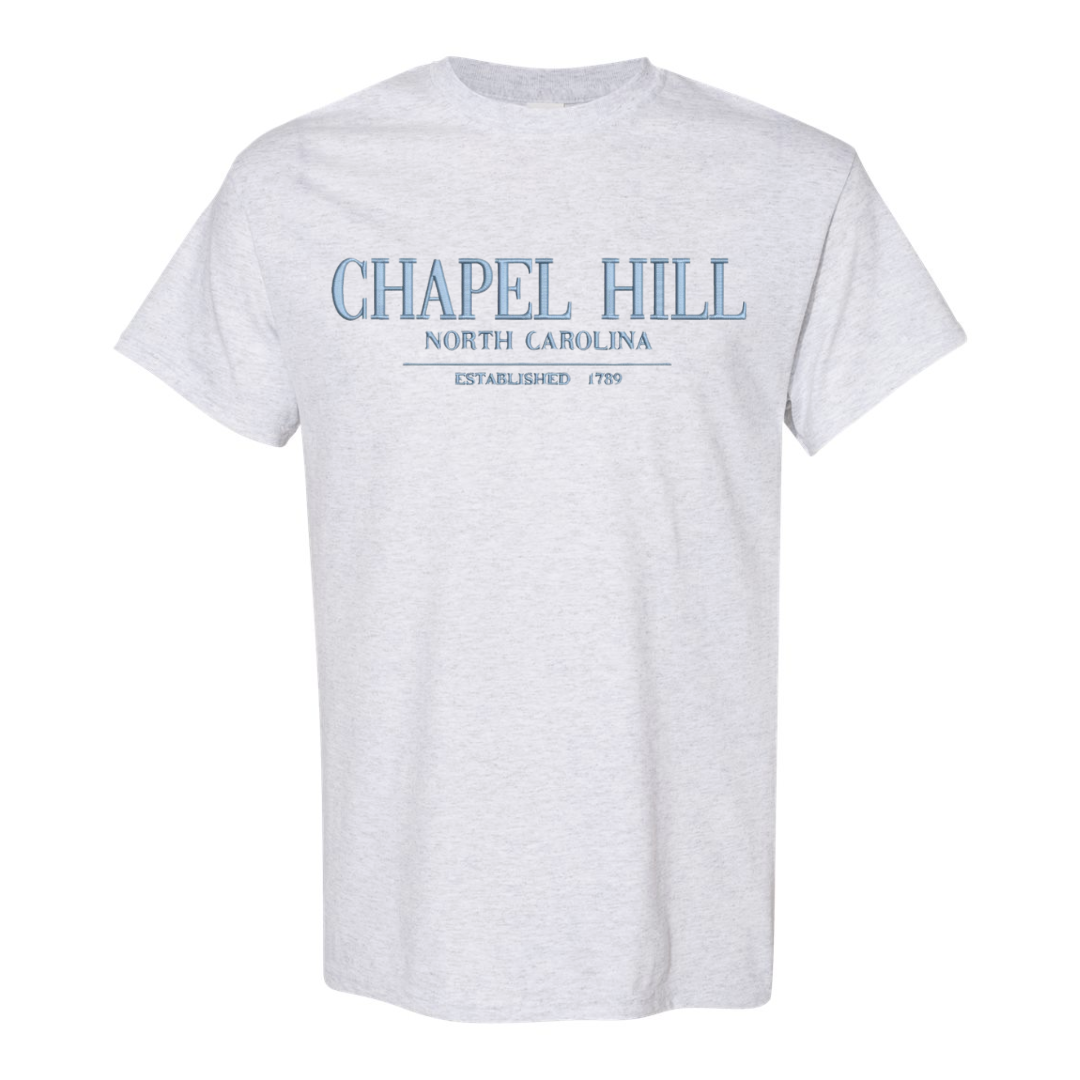 Chapel Hill North Carolina Embroidered Chill Grey T-Shirt