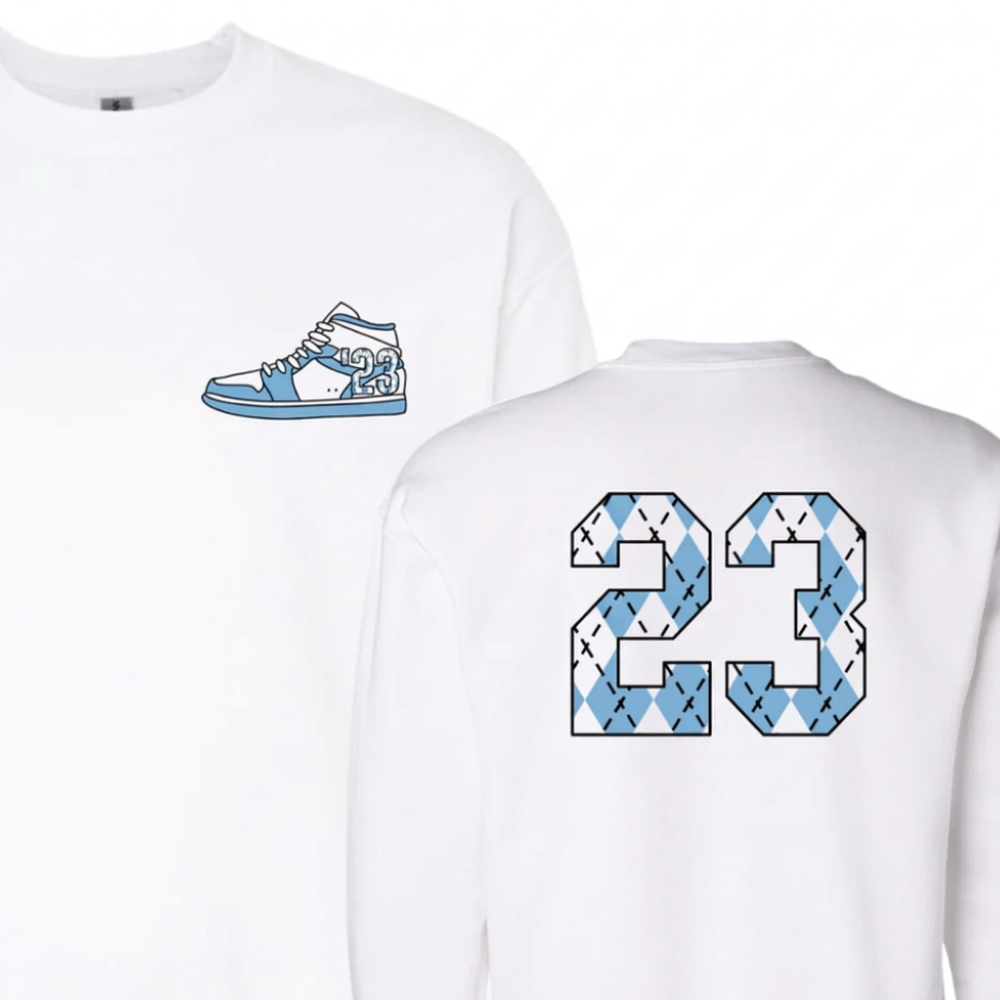23 Year Sneaker Crewneck Sweatshirt in White and Carolina Blue