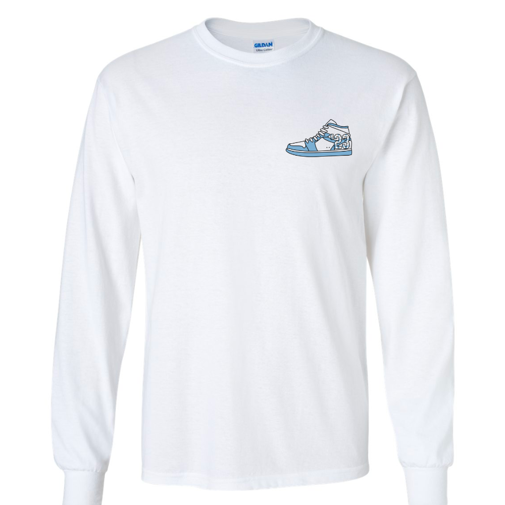 23 Year Sneaker Long Sleeve T-Shirt in White and Carolina Blue