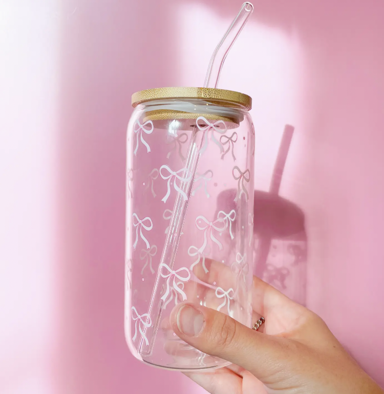 Pink Bow Latte Glass With Lid & Straw