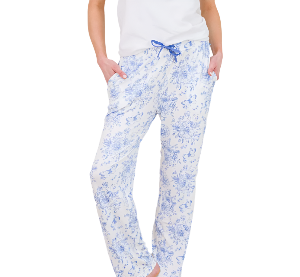 Adult Periwinkle Blue Butterfly Garden Toile Bamboo Viscose Pajama Pants