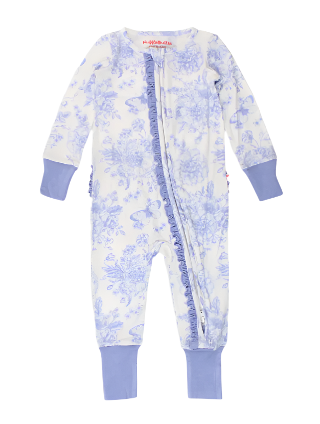 Baby Girls Periwinkle Blue Butterfly Garden Toile Ruffle One Piece Pajama