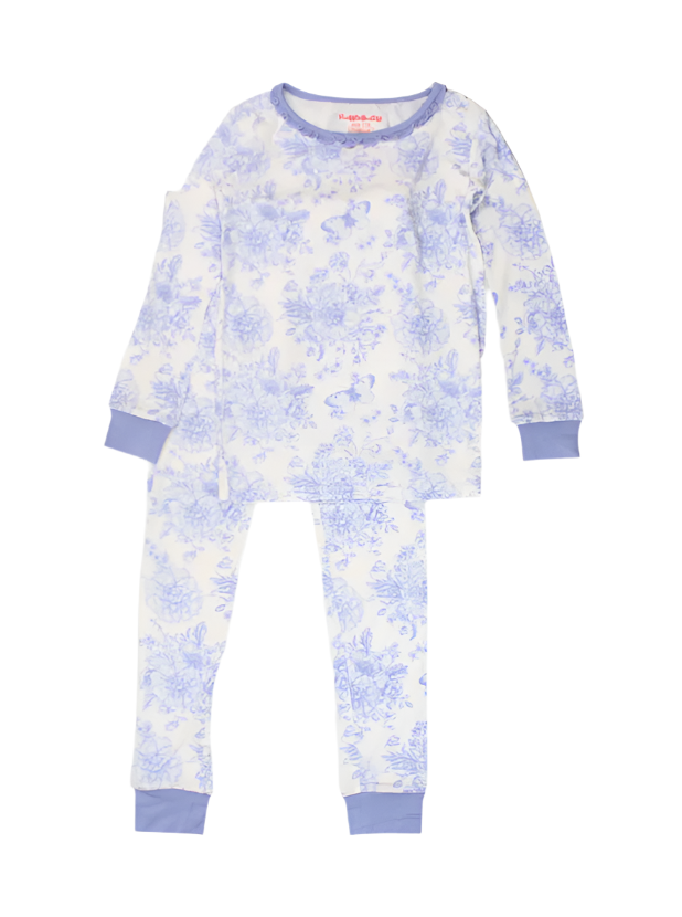 Girls Periwinkle Blue Butterfly Garden Toile Bamboo Viscose Ruffle Long Sleeve Pajama Set