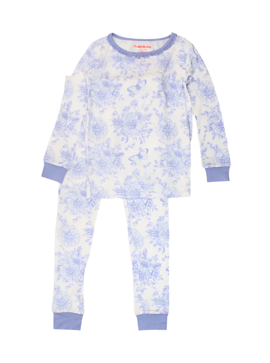 Girls Periwinkle Blue Butterfly Garden Toile Bamboo Viscose Ruffle Long Sleeve Pajama Set