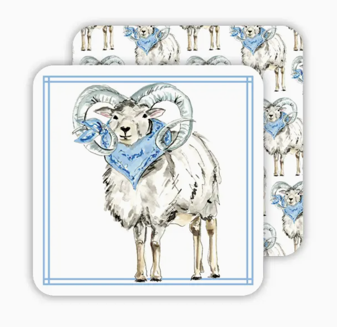 Handpainted Ram with Blue Bandana Square Coaster
