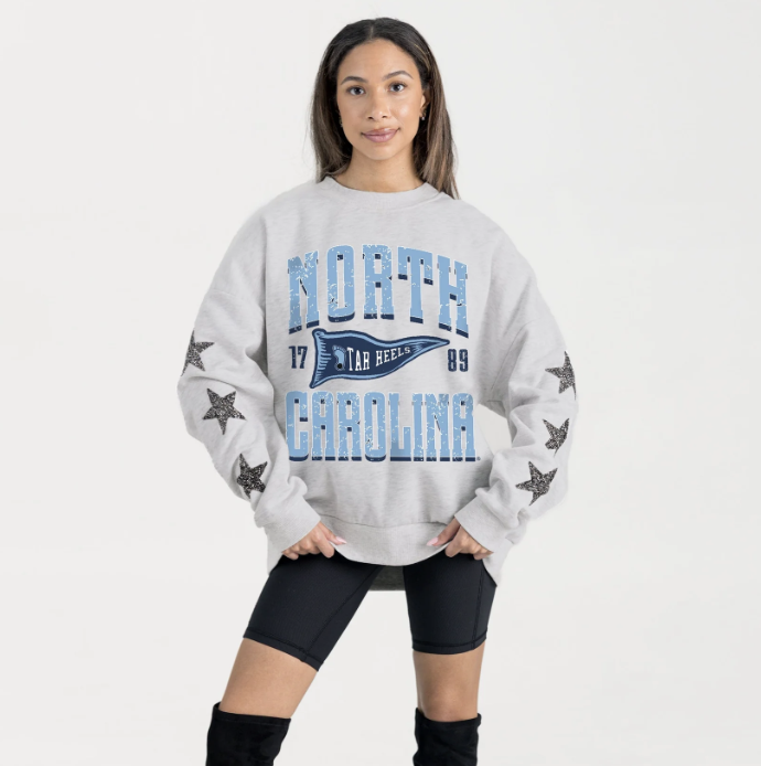 North Caroline Tar Heels Pennant Pride Embellished Star Sleeve Crewneck Pullover