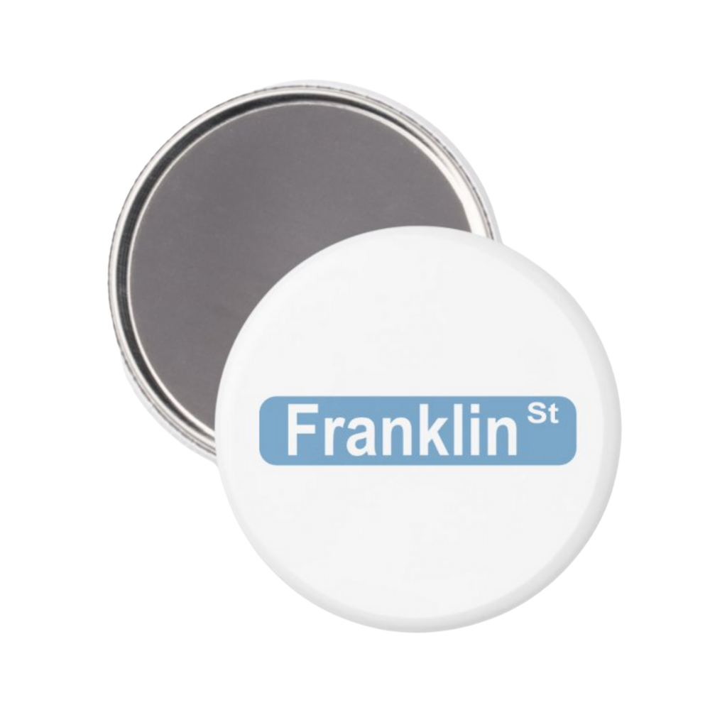 Franklin St Button Magnet in White and Carolina Blue