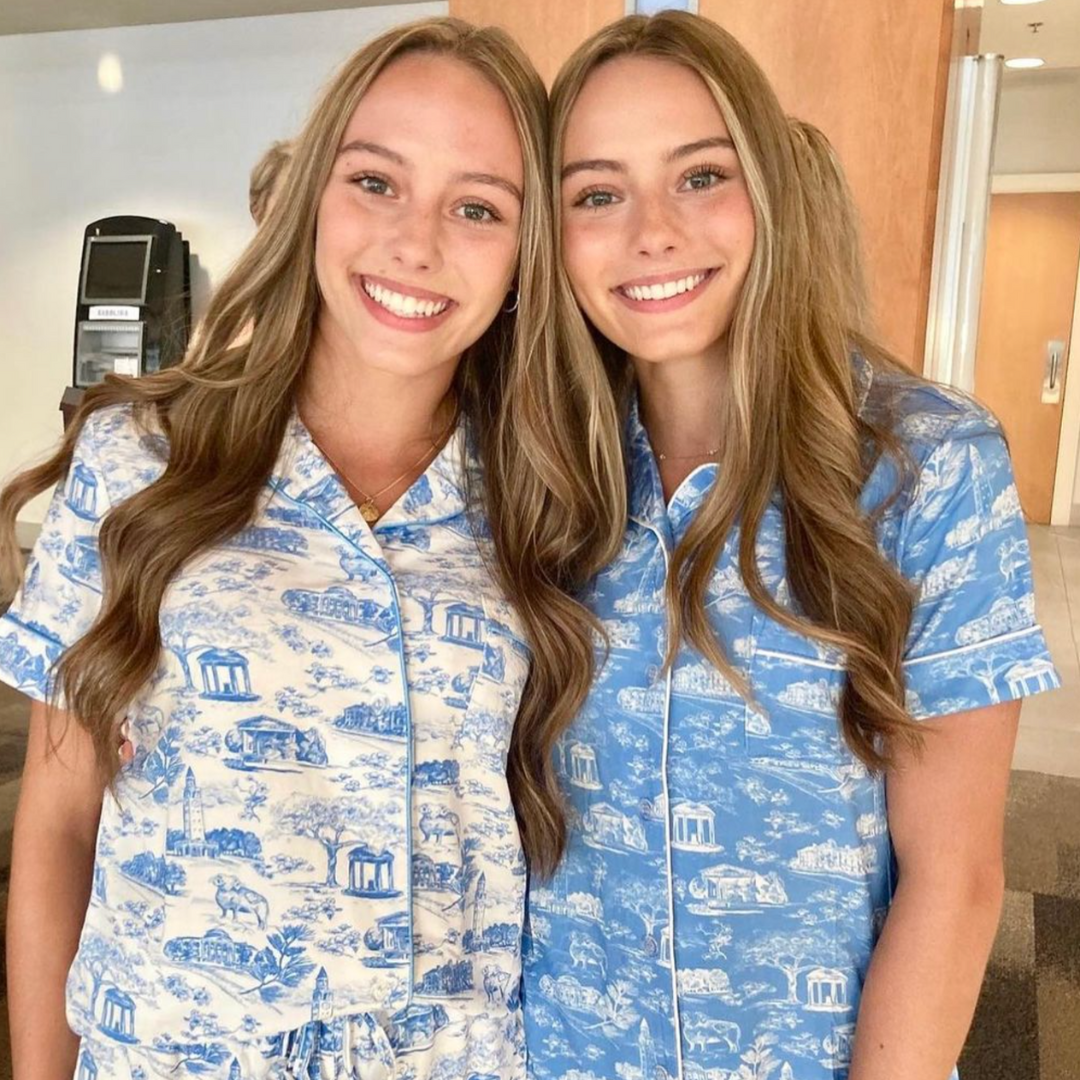 Tar Heel Toile Pajamas in Carolina Blue Short Sleeves and Shorts by Nothing Finer