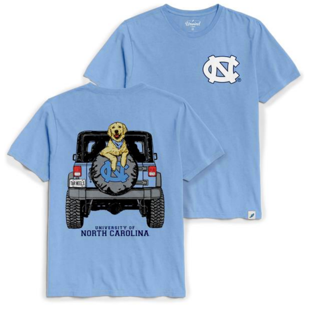 Carolina Blue UNC Dog T-Shirt with Golden Retriever in Jeep