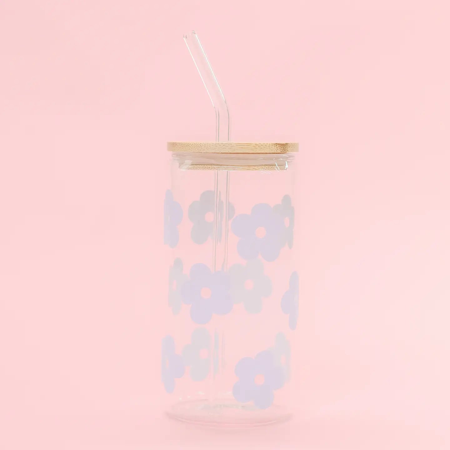 Blue Flower Beer Latte Glass with Lid & Straw