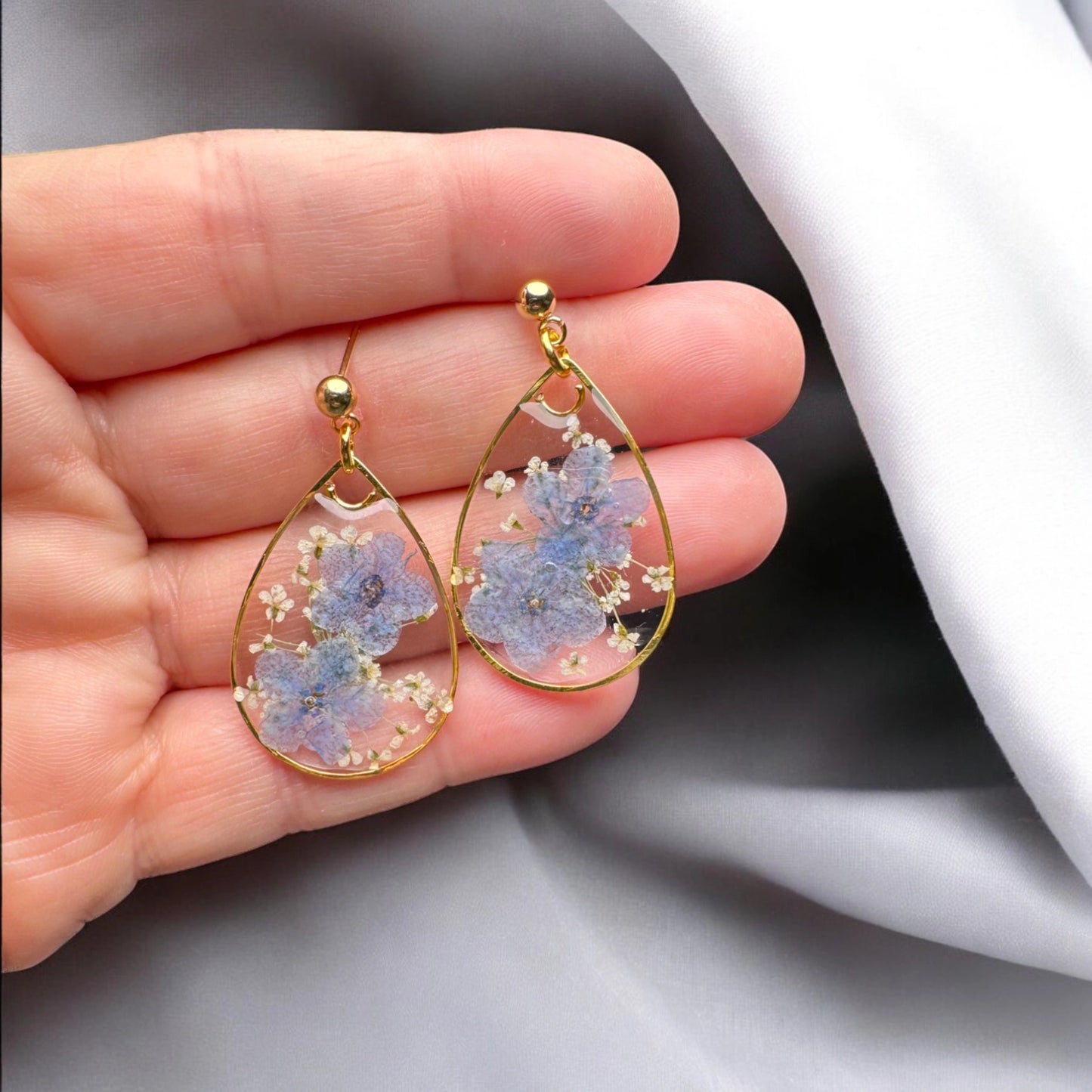 Blue Forget-Me-Not Queen Anne's Lace Resin Teardrop Earrings