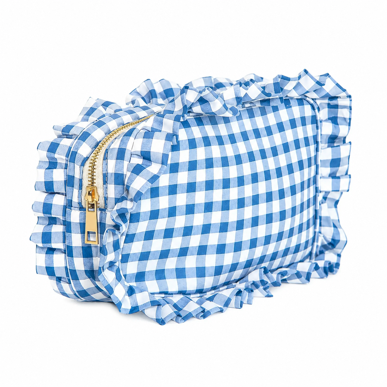 Carolina Blue Gingham Ruffle Zipper Cosmetic Bag