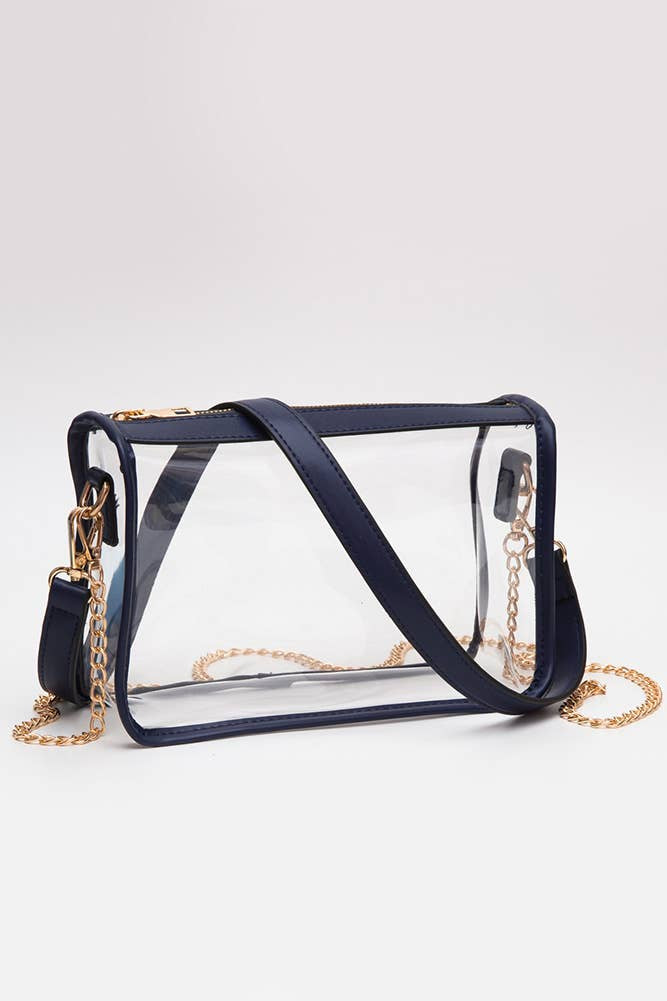 Clear Rectangle Stadium Concert Crossbody Bag with Navy Trim by Hana