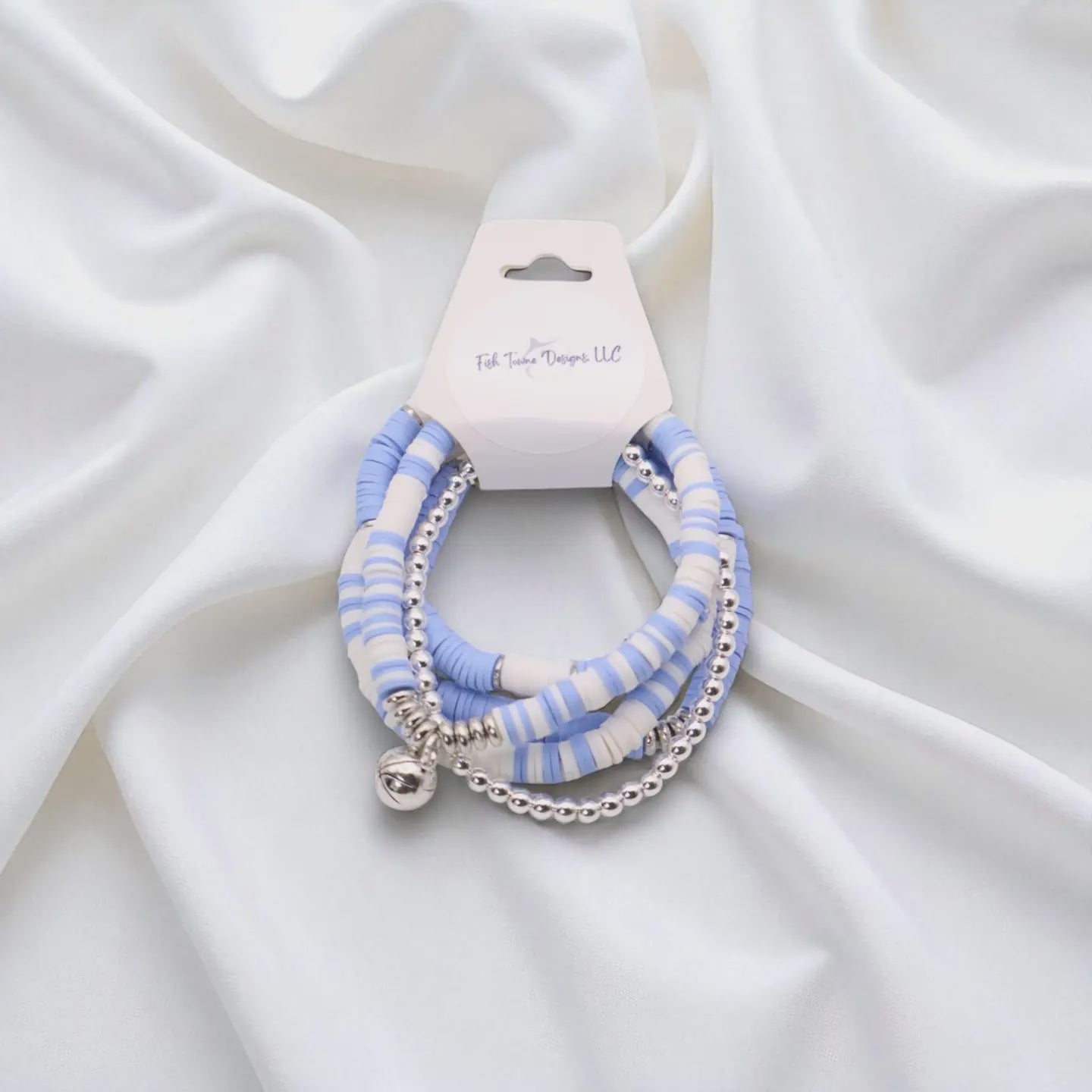 Light Blue and White Game Day Bracelet Stack With Football Charm-SILVER