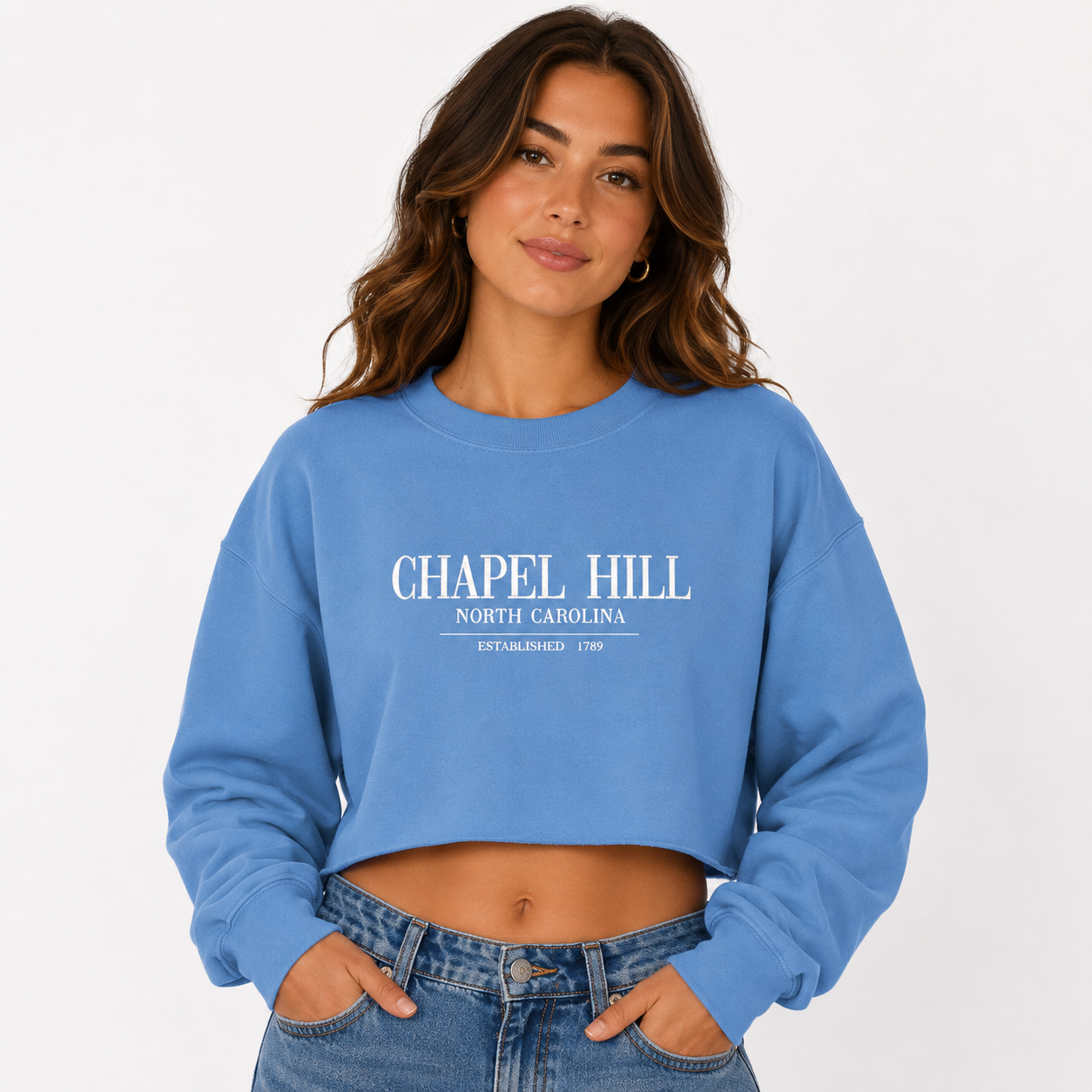 Chapel Hill Embroidered Blue CROPPED Chill Crewneck by Shrunken Head - Detail View - Shrunken Head