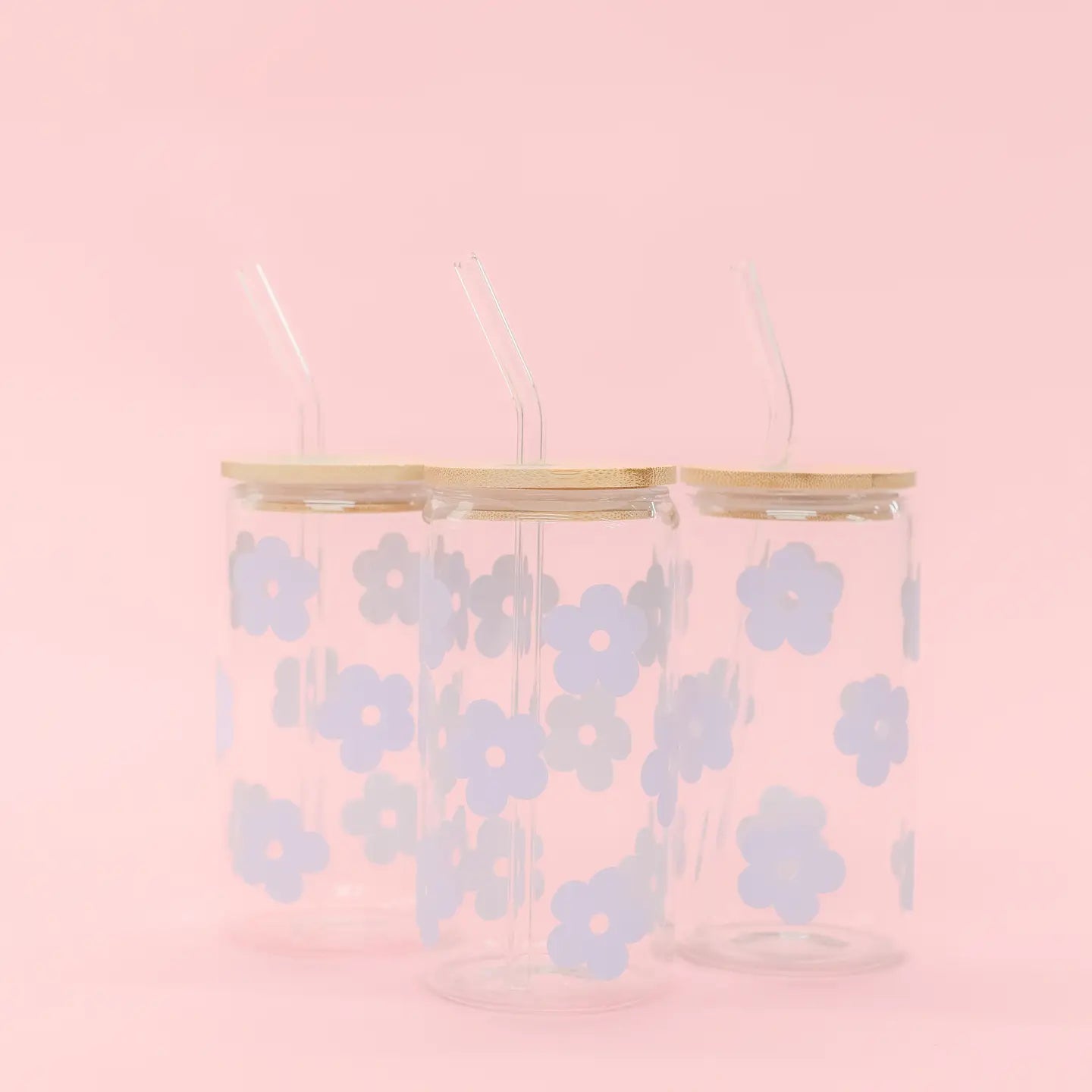 Blue Flower Beer Latte Glass with Lid & Straw