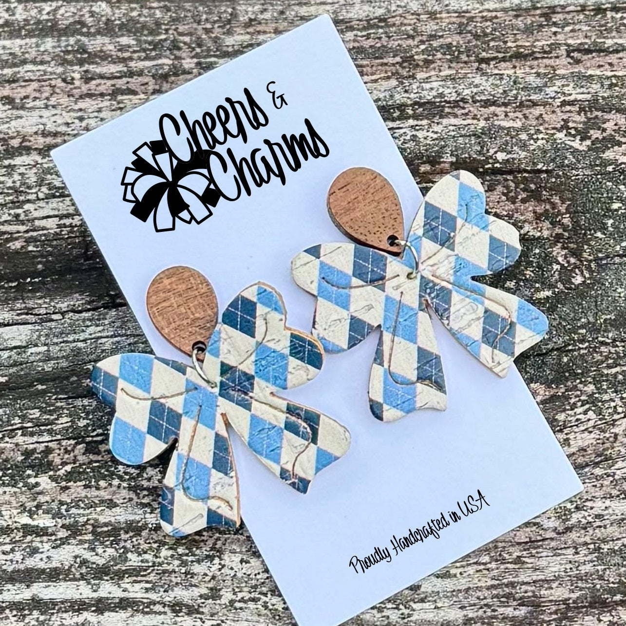 Cheers and Charms Carolina Blue Argyle Bow Earrings
