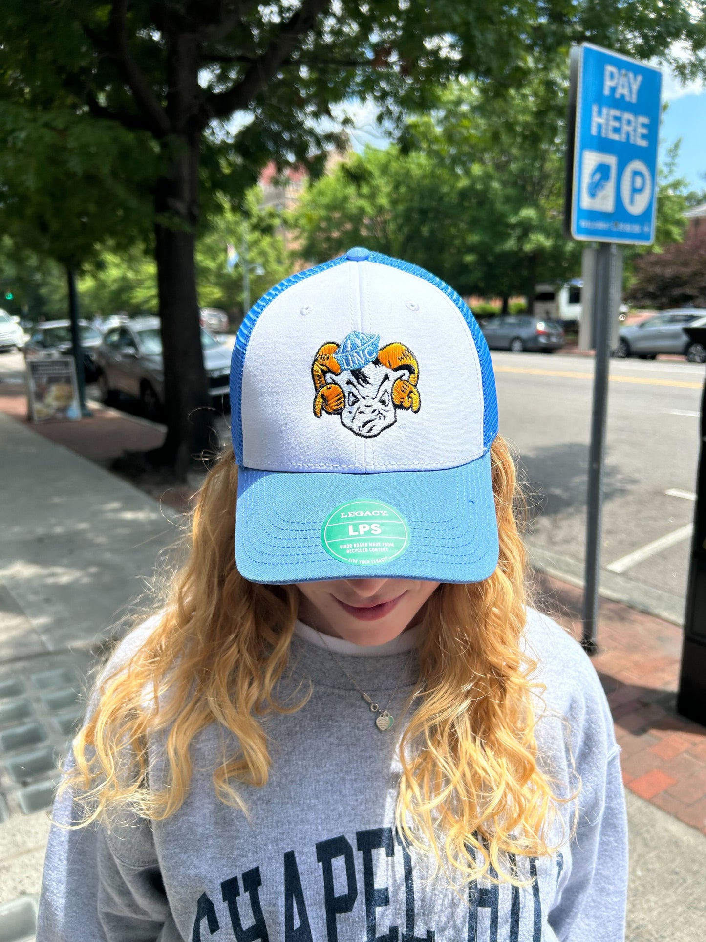 Vintage UNC Rameses Lo Pro Trucker Hat in Carolina Blue and White