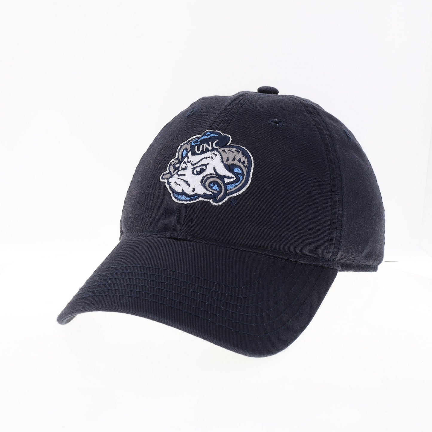 Navy Blue Adjustable Adult Hat with UNC Mascot Ram Face Embroidered on the Front