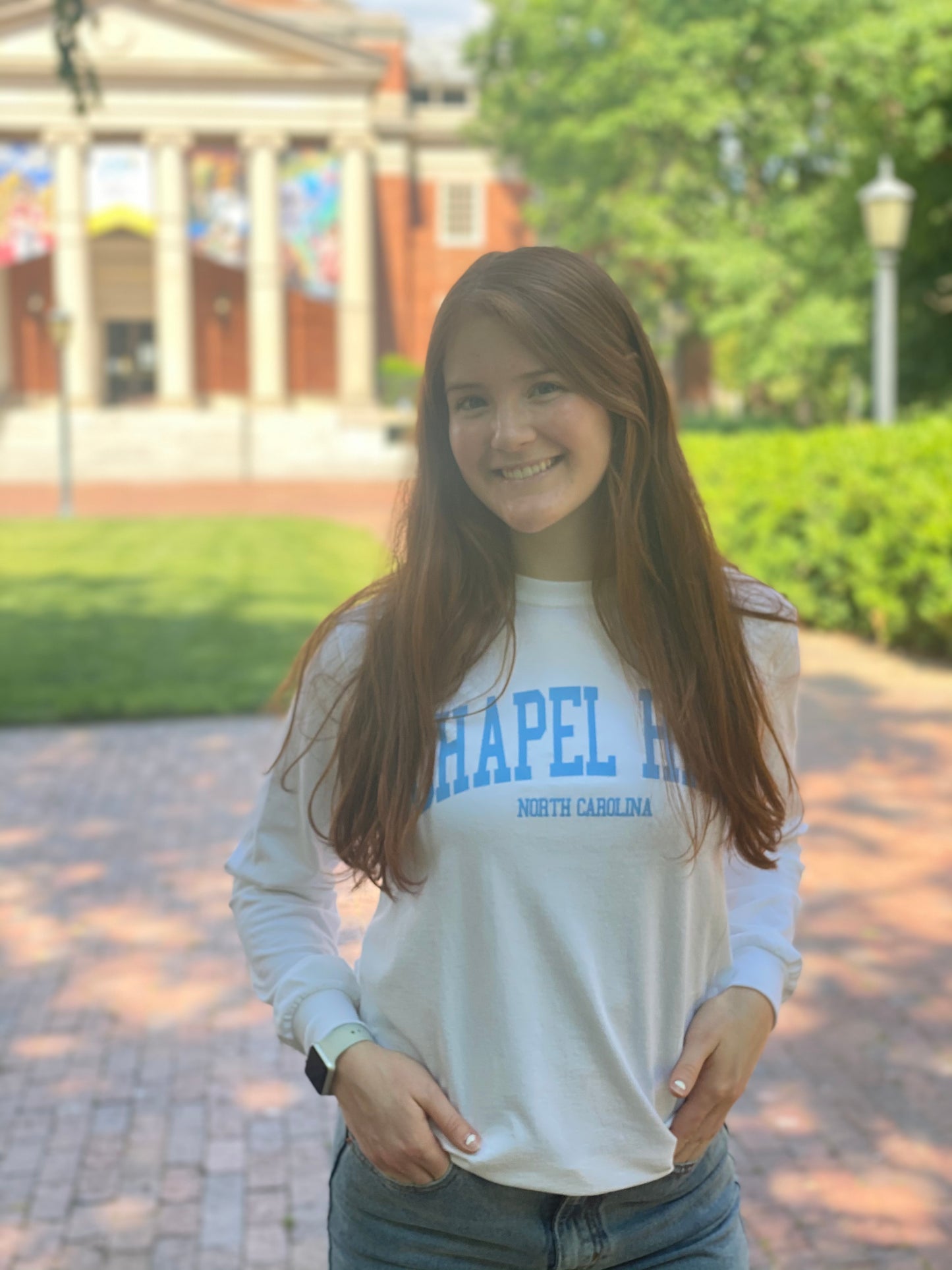 Chapel Hill Long Sleeve T-shirt in White - Detail View - Shrunken Head