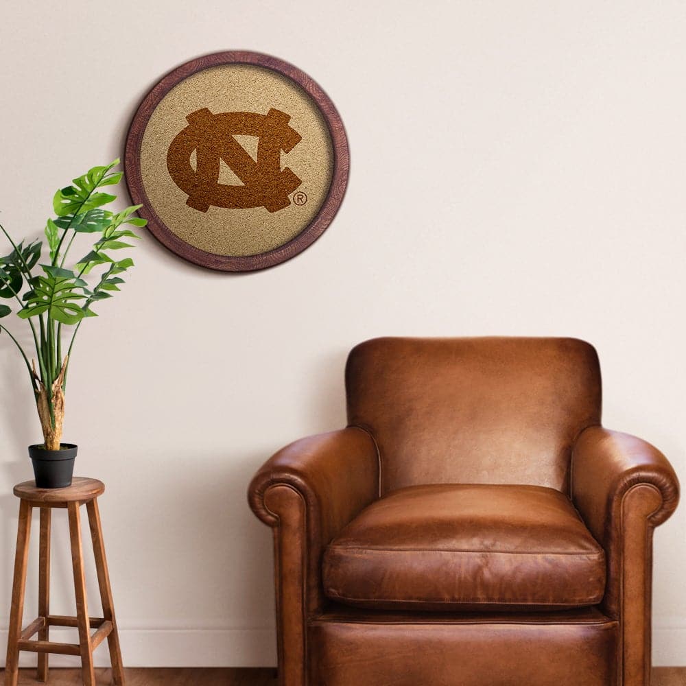 North Carolina Tar Heels Logo Cork Board with Faux Barrel Frame
