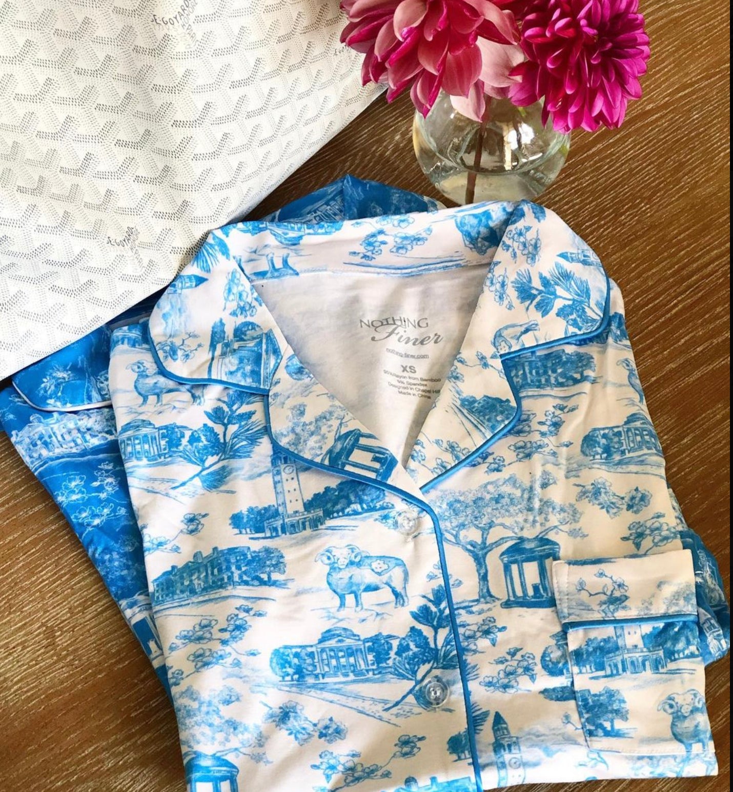 Tar Heel Toile Pajamas Set in White Short Sleeves and Shorts by Nothing Finer