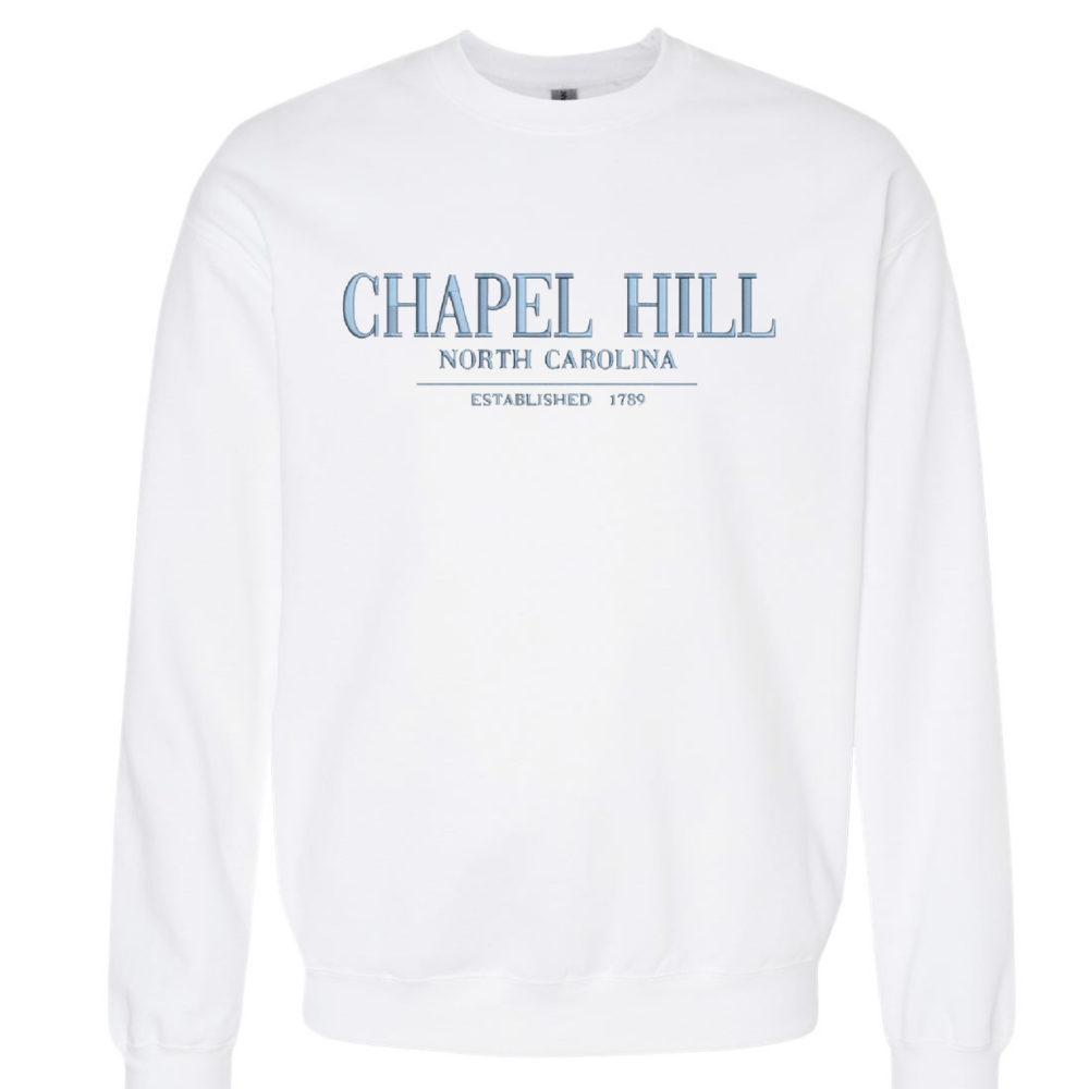 White Chapel Hill Embroidered Crewneck with Carolina Blue Logo