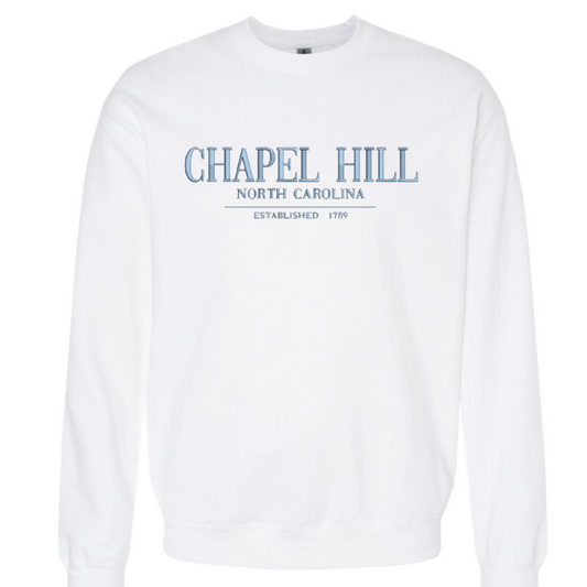 White Chapel Hill Embroidered Crewneck with Carolina Blue Logo