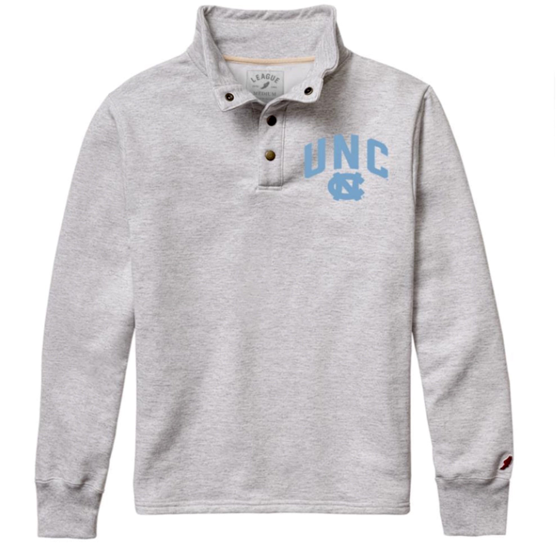 Ash Grey Snap Up Pullover Jacket with UNC Tar Heels Logo in Carolina Blue on the Left Chest