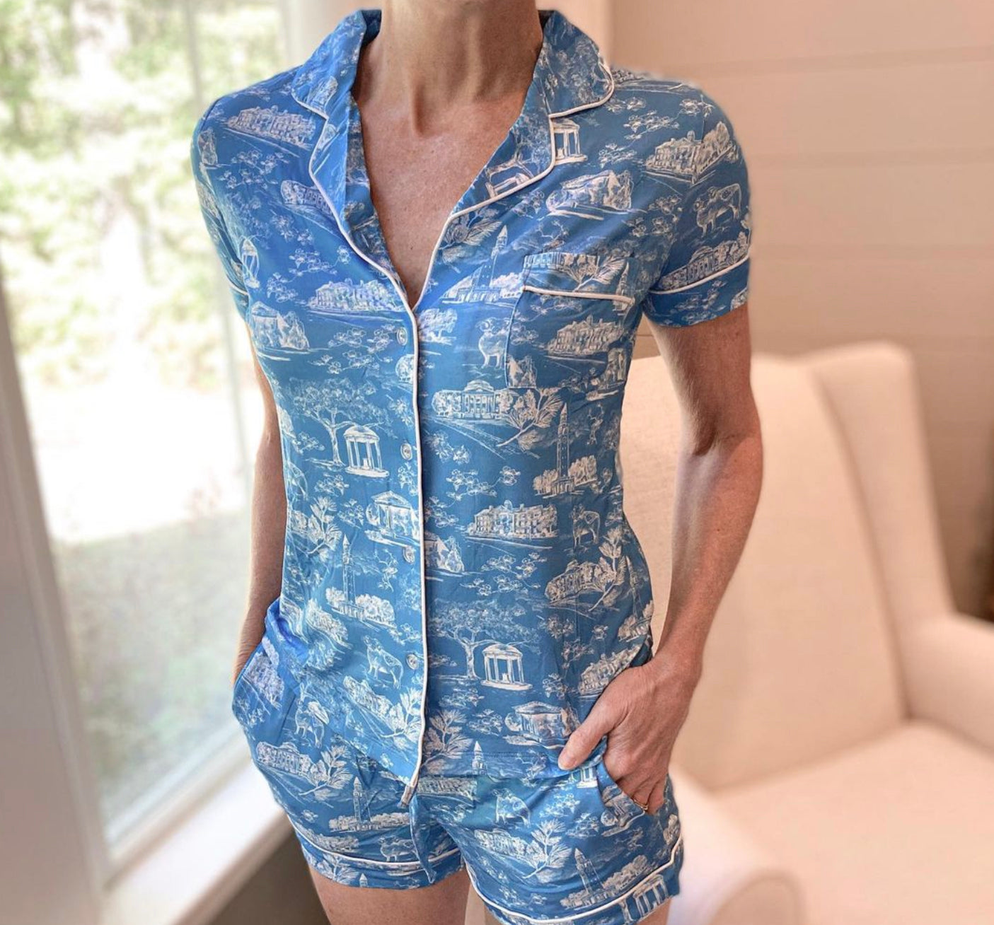 Tar Heel Toile Pajamas in Carolina Blue Short Sleeves and Shorts by Nothing Finer