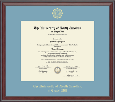 University of North Carolina Church Hill Classics Gold Embossed Diploma Frame Frame in Studio with Sky Blue Mat