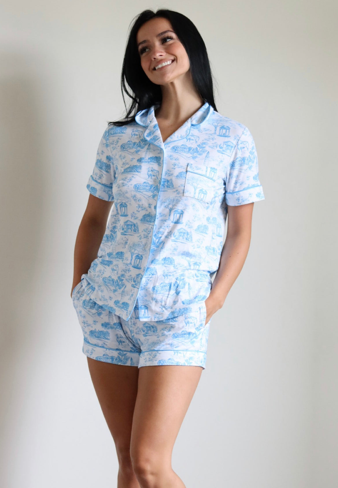 Tar Heel Toile Pajamas Set in White Short Sleeves and Shorts by Nothing Finer