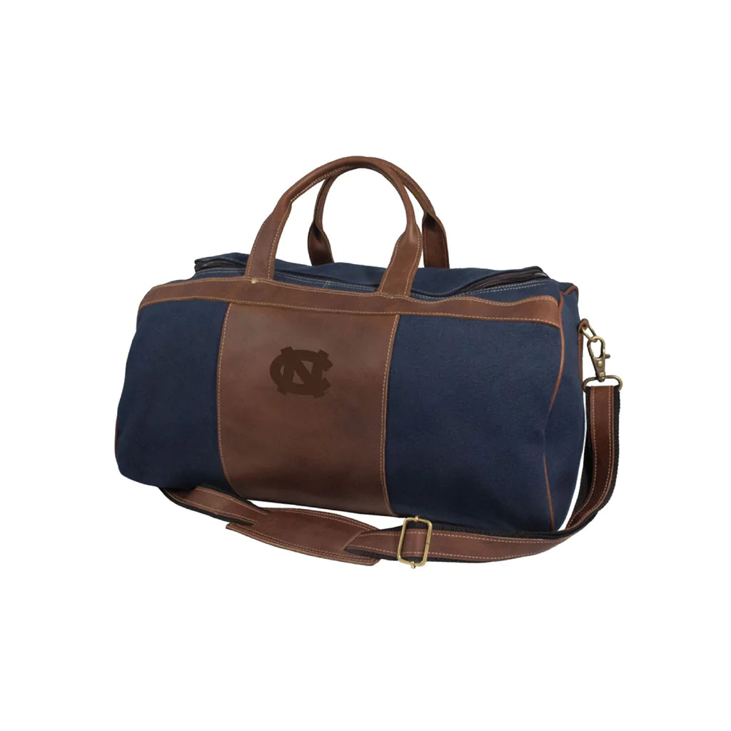 UNC Navy and Brown Leather Duffle Bag and Toiletry Bag Set