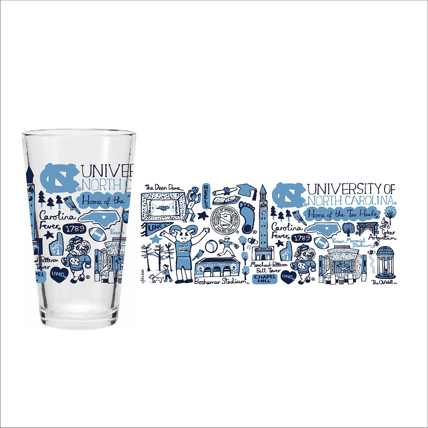 UNC Tar Heels 16oz Clear Pint Glass by Julia Gash