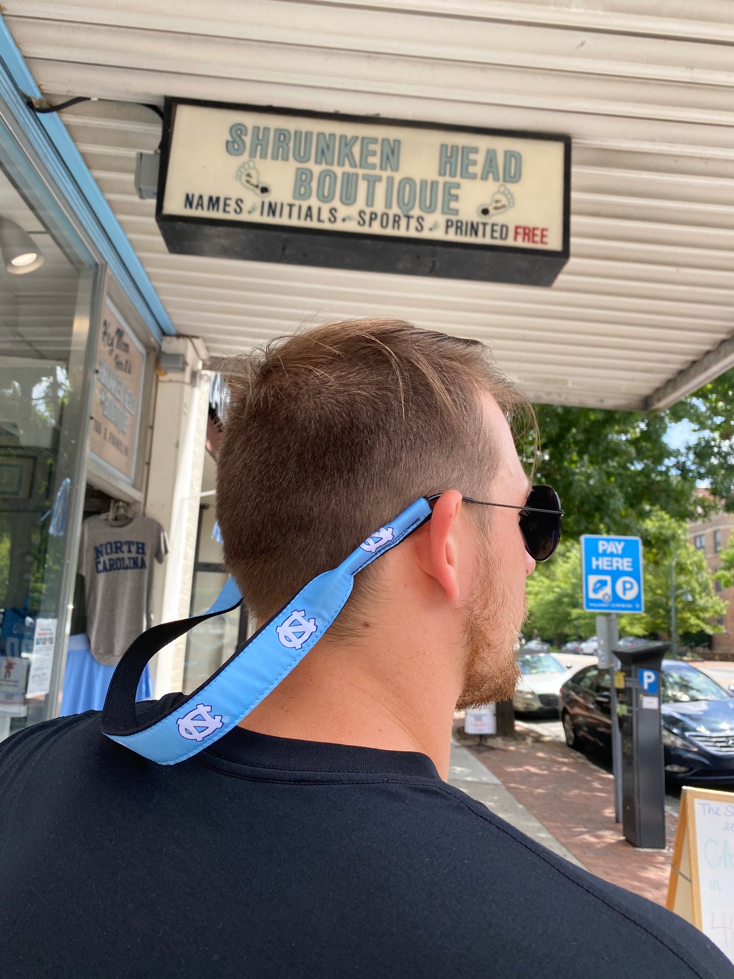 UNC Sunglasses Strap in Carolina Blue with North Carolina Logos Embroidered