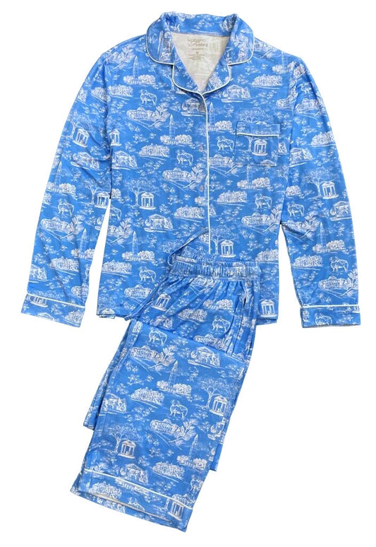 Tar Heel Toile Pajamas in Carolina Blue Long Sleeves Long Pants