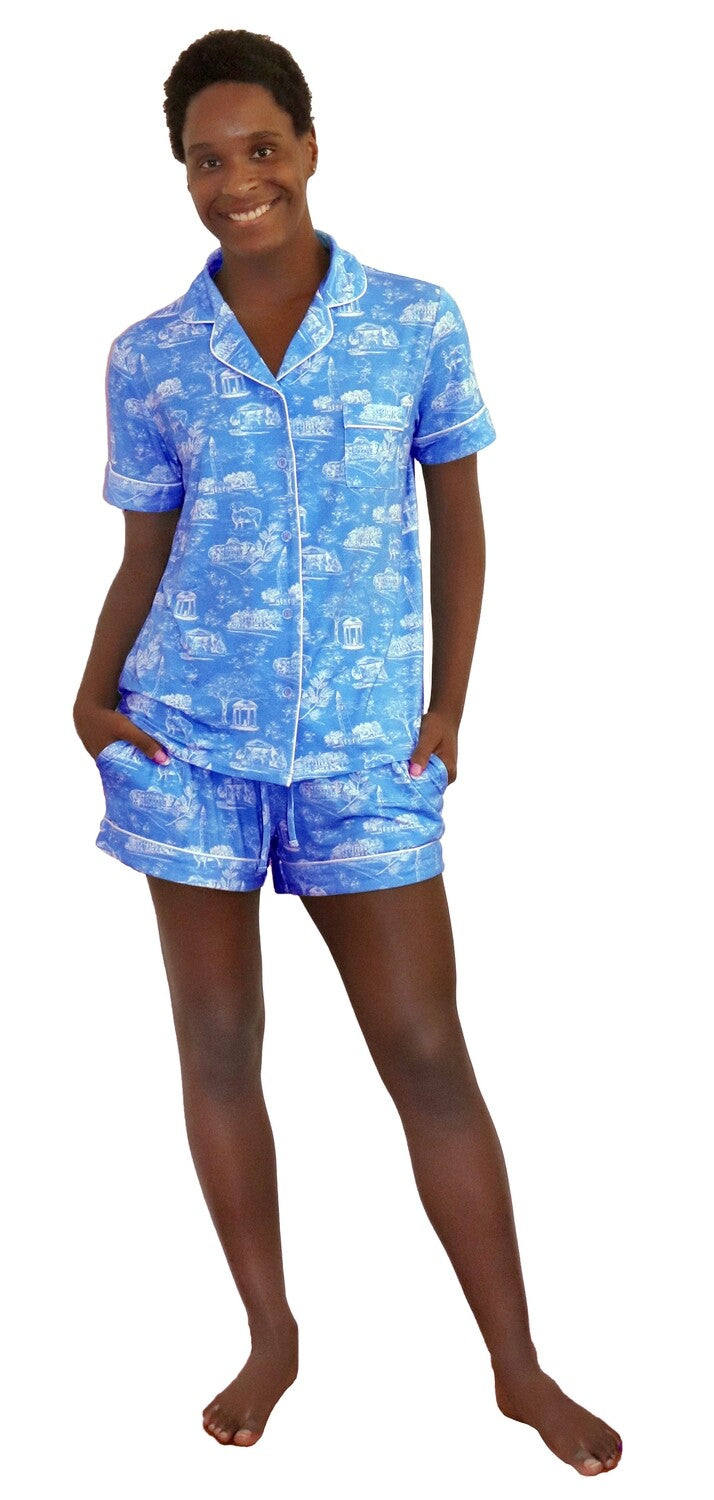 Tar Heel Toile Pajamas in Carolina Blue Short Sleeves and Shorts by Nothing Finer