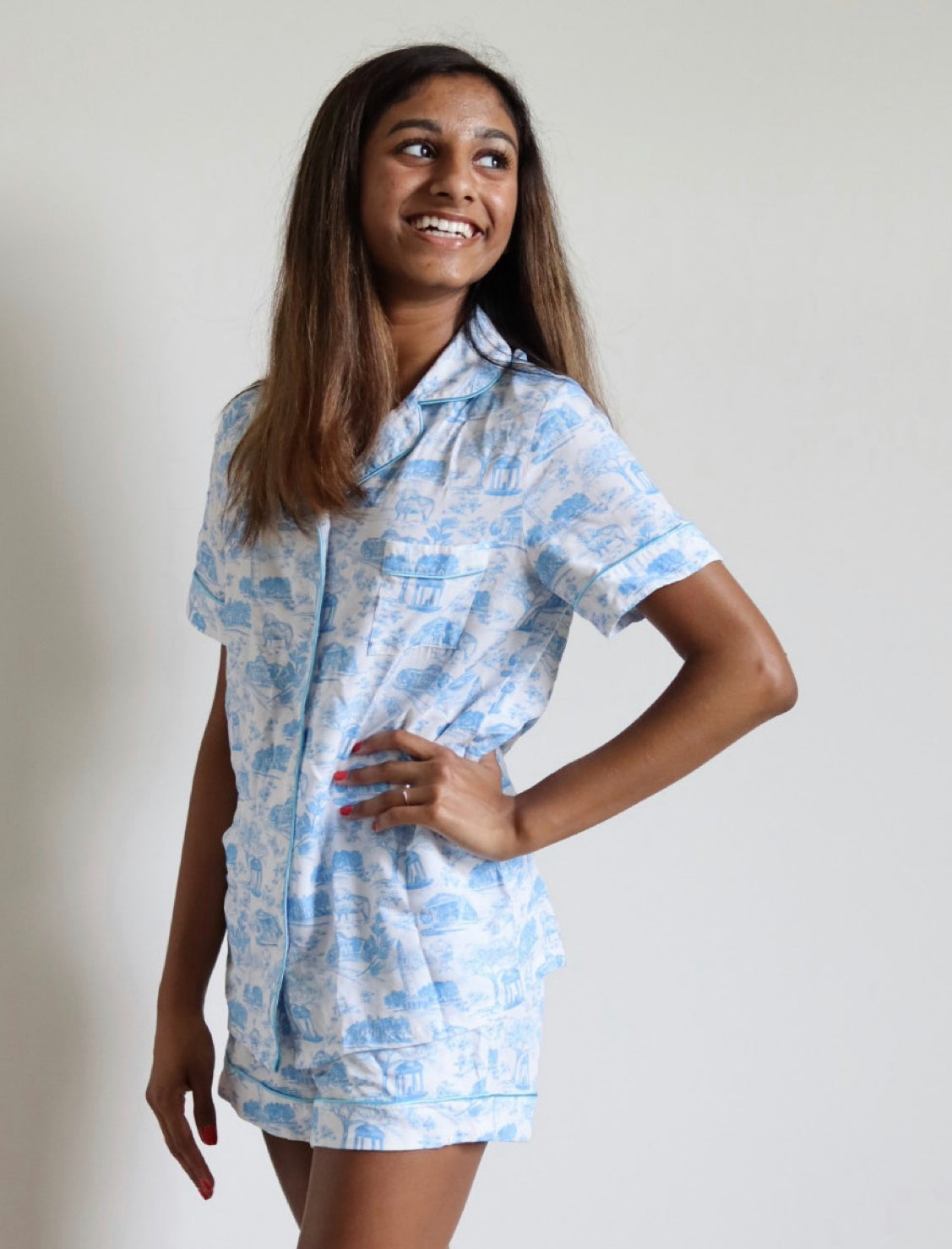 Tar Heel Toile Pajamas Set in White Short Sleeves and Shorts by Nothing Finer