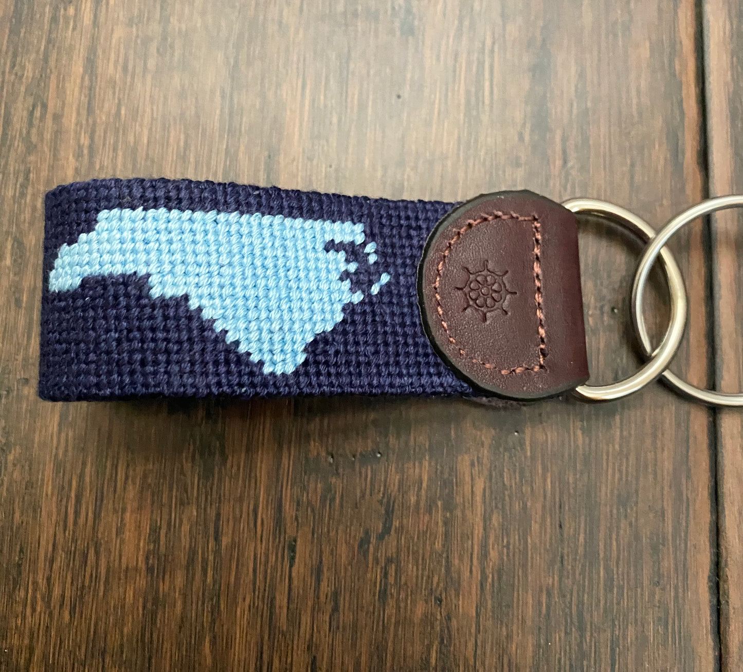 Navy Needlepoint Key Fob With Carolina Blue North Carolina Silhouette