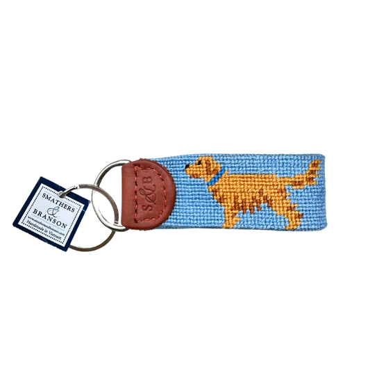 Carolina Blue Golden Retriever Fob Style Needlepoint Keychain