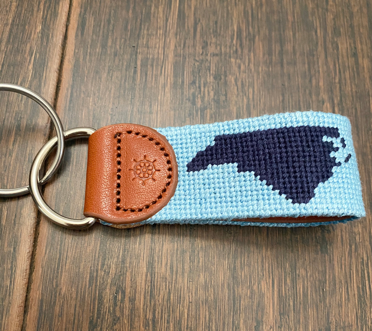 Carolina Blue Needlepoint Key Fob With Navy North Carolina Silhouette