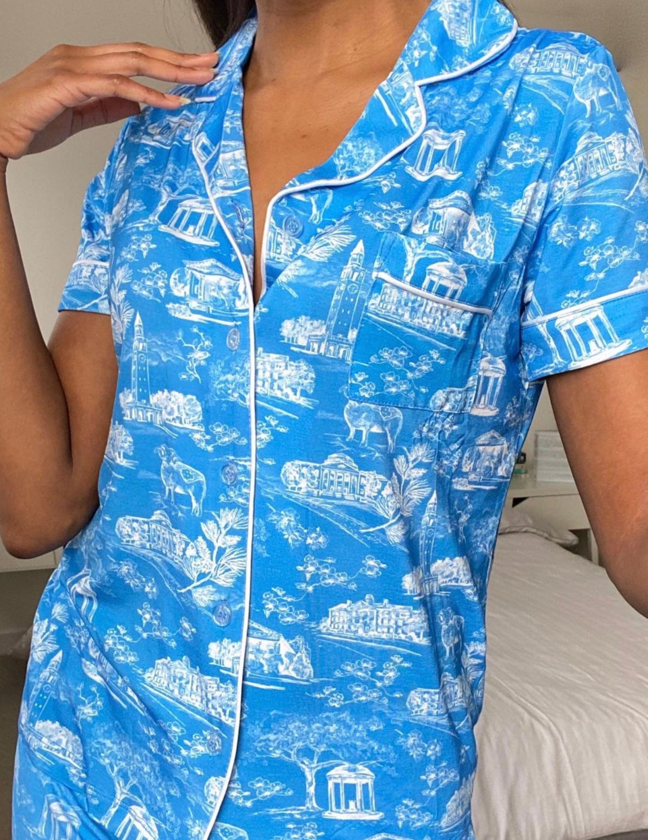 Tar Heel Toile Pajamas in Carolina Blue Short Sleeves and Shorts by Nothing Finer
