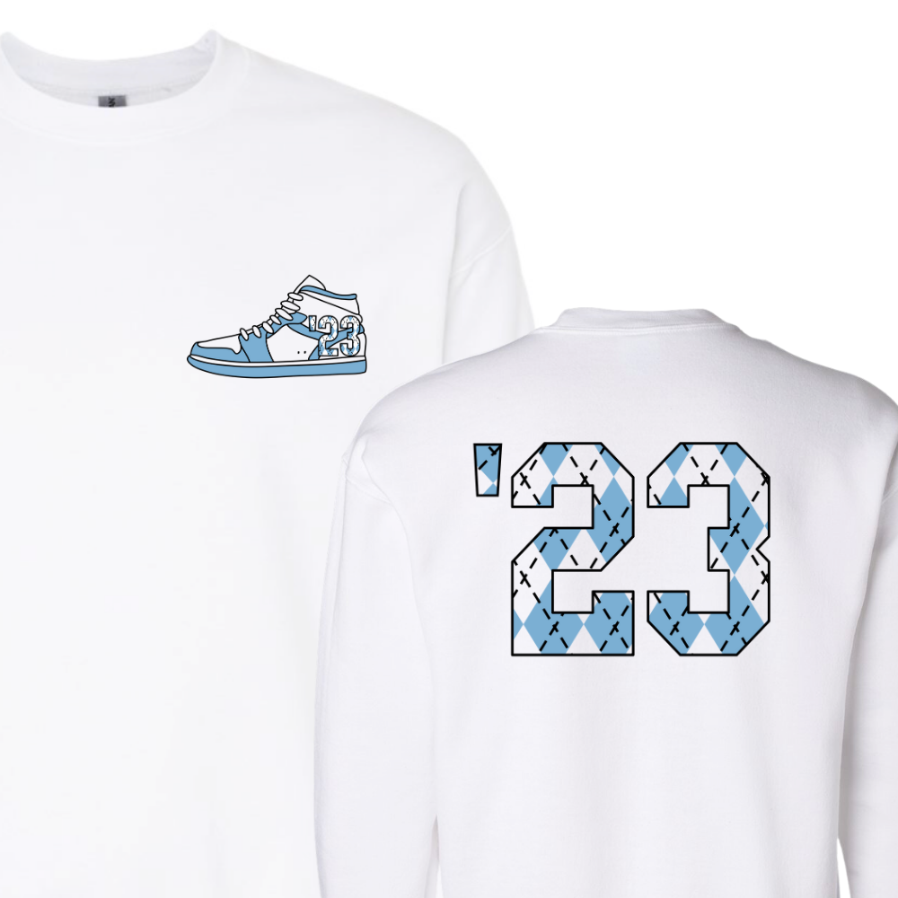 23 Year Sneaker Crewneck Sweatshirt in White and Carolina Blue