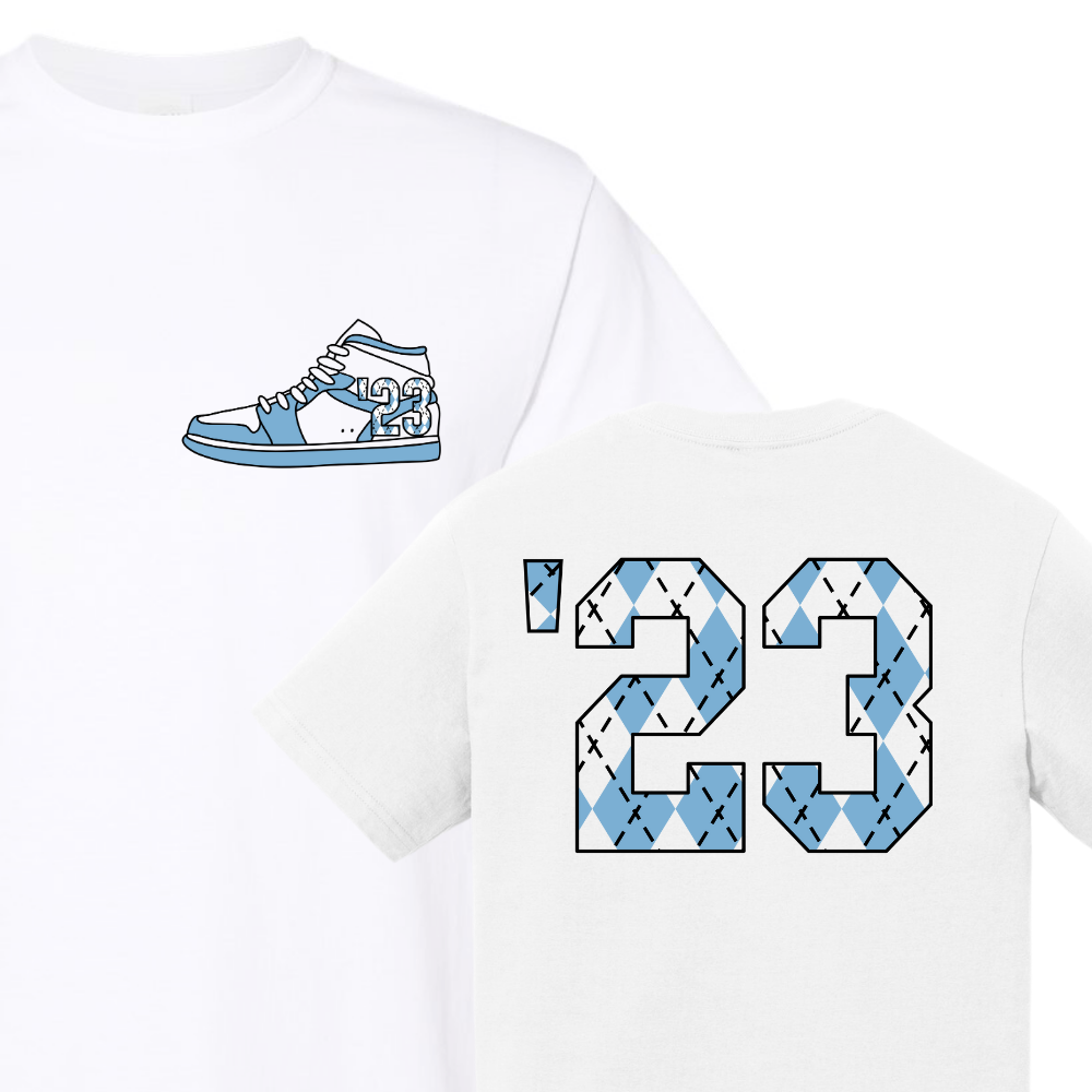 23 Sneaker T-Shirt in White and Carolina Blue