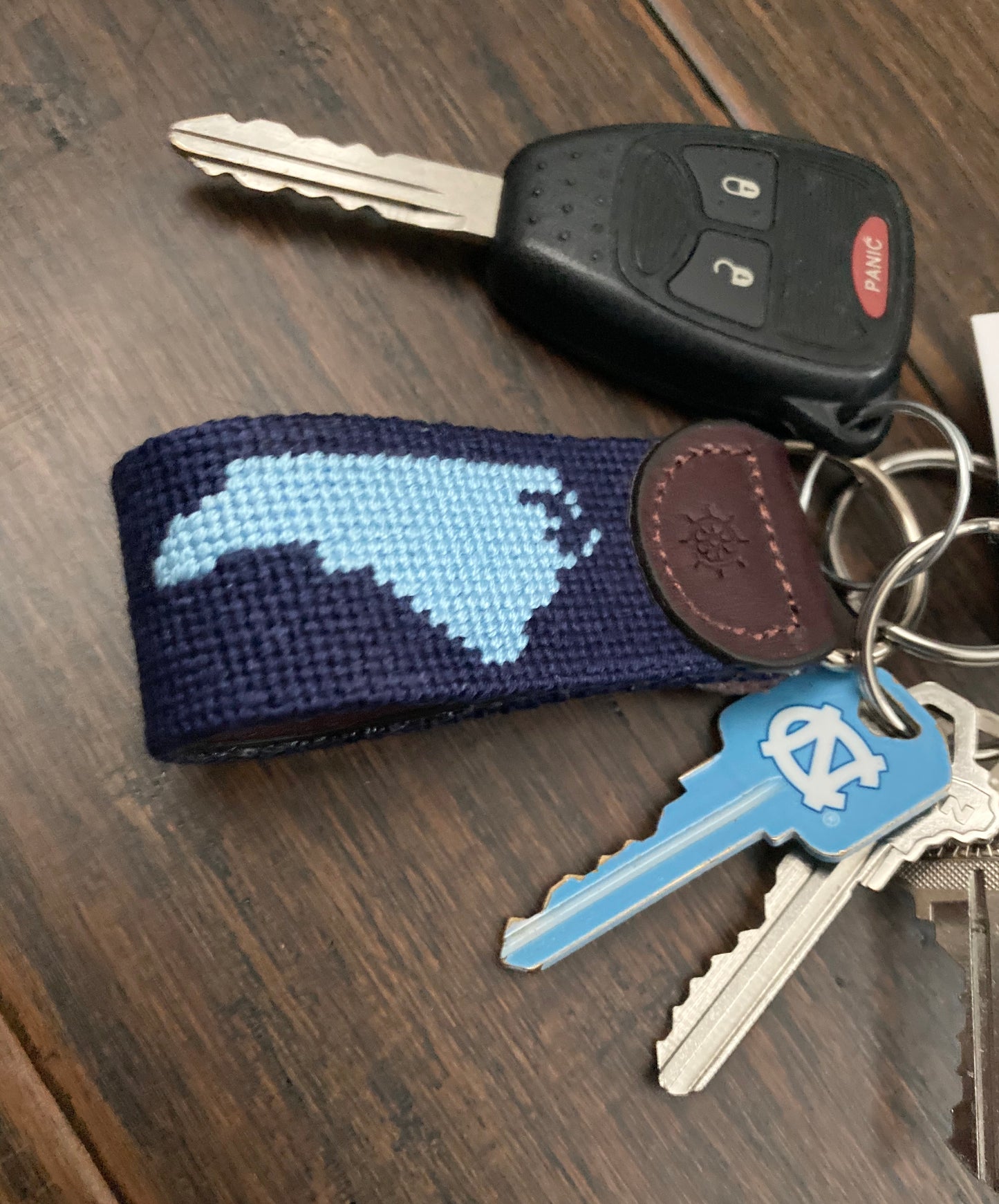 Navy Needlepoint Key Fob With Carolina Blue North Carolina Silhouette