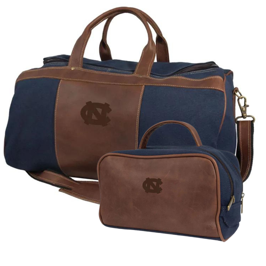 UNC Navy and Brown Leather Duffle Bag and Toiletry Bag Set