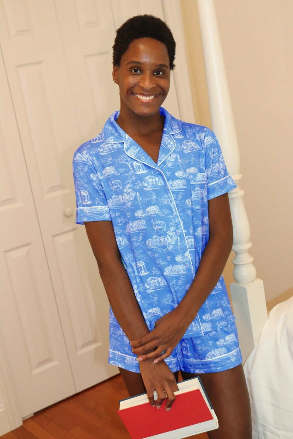 Tar Heel Toile Pajamas in Carolina Blue Short Sleeves and Shorts by Nothing Finer